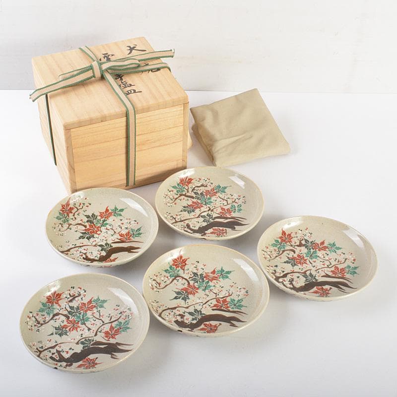 犬山焼　雲綿　紅葉文　手塩皿　小皿　5客　桐箱　M　R7398