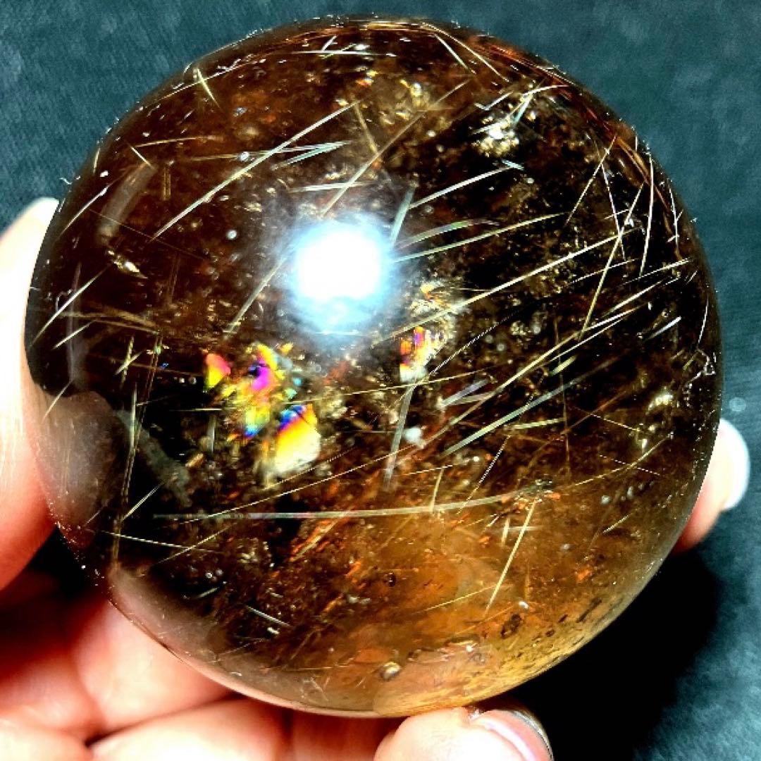 50mm 虹入りゴールドルチルクォーツ　丸玉　スフィア　金針水晶