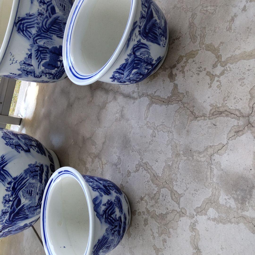 陶器鉢特大植木鉢、青と白の山水画 陶器植木鉢 6個セット