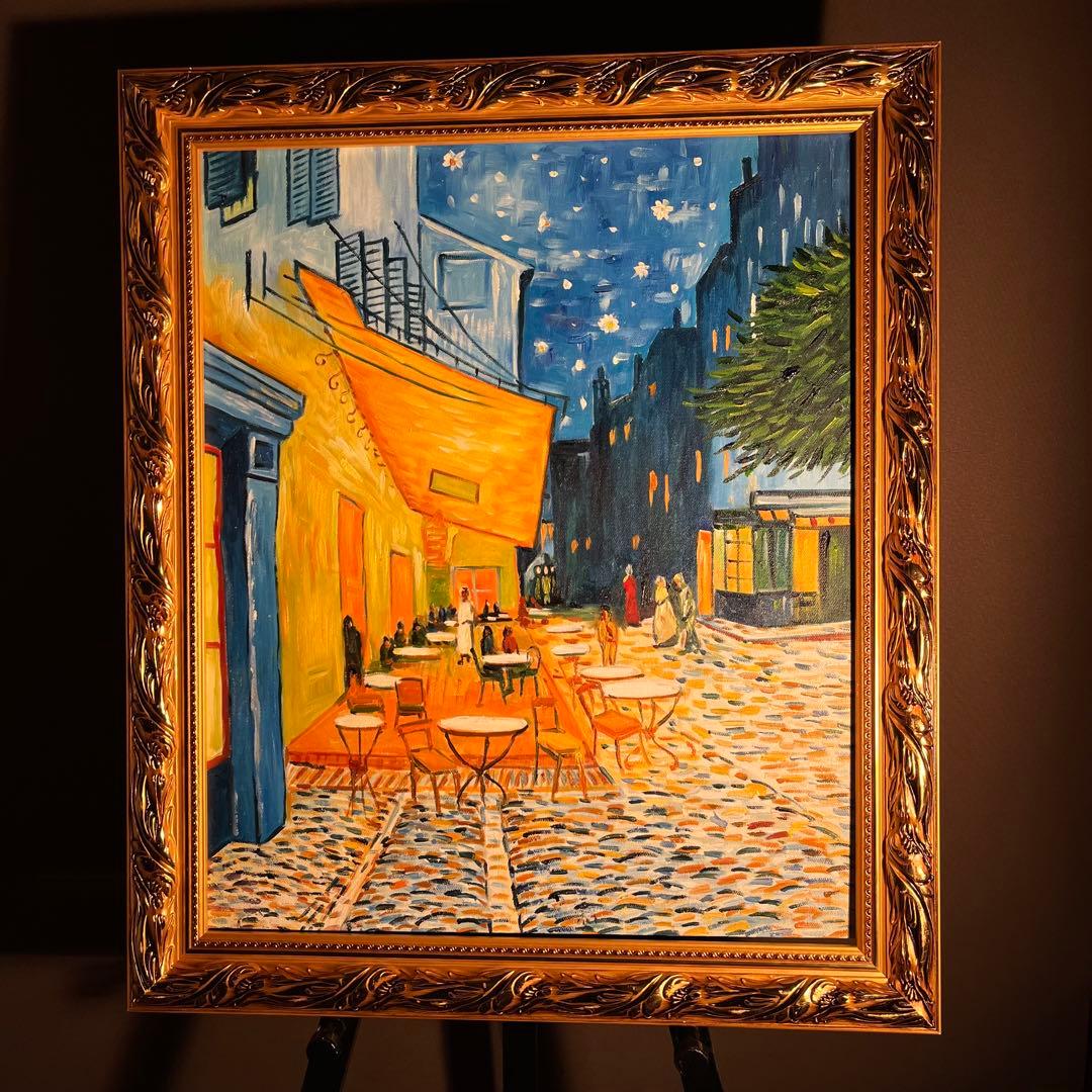 ★秀作★手書き油絵 ゴッホ 夜のカフェテラス 額付 肉筆絵画 インテリア 油彩画