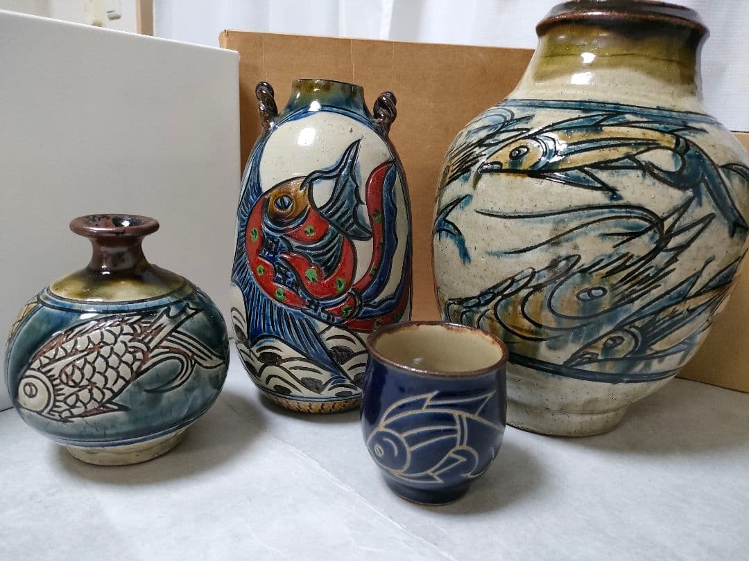 やちむん　金城次郎、裕三　宮城智　新垣勲　魚紋　まとめてセット　縁起物