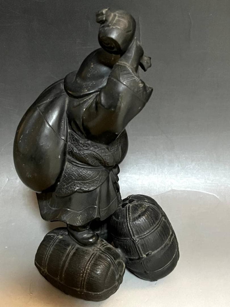 置物■布袋さん 銅製 オブジェ 七福神 米俵上布袋様 1.12kg時代物 骨董■