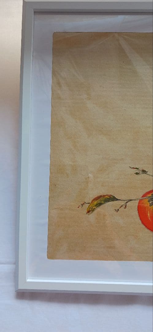 柿にメジロ、美濃和紙に田中秀光の真作画、額付き、送料無料