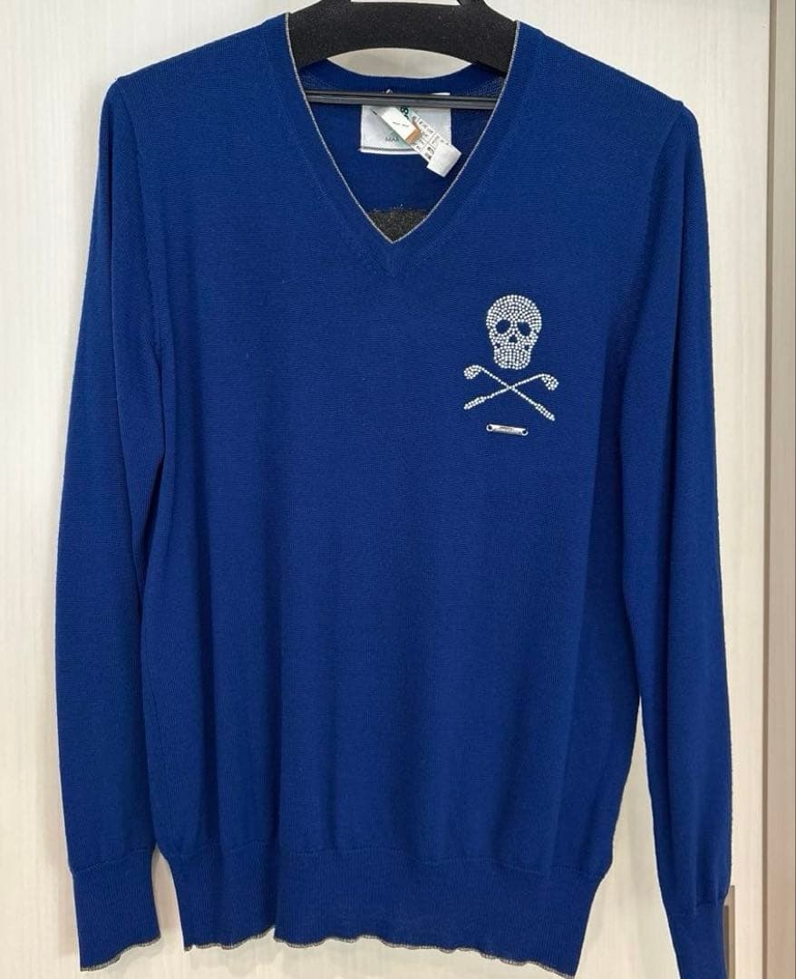 MARK & LONA スカル Vネックセーター 青