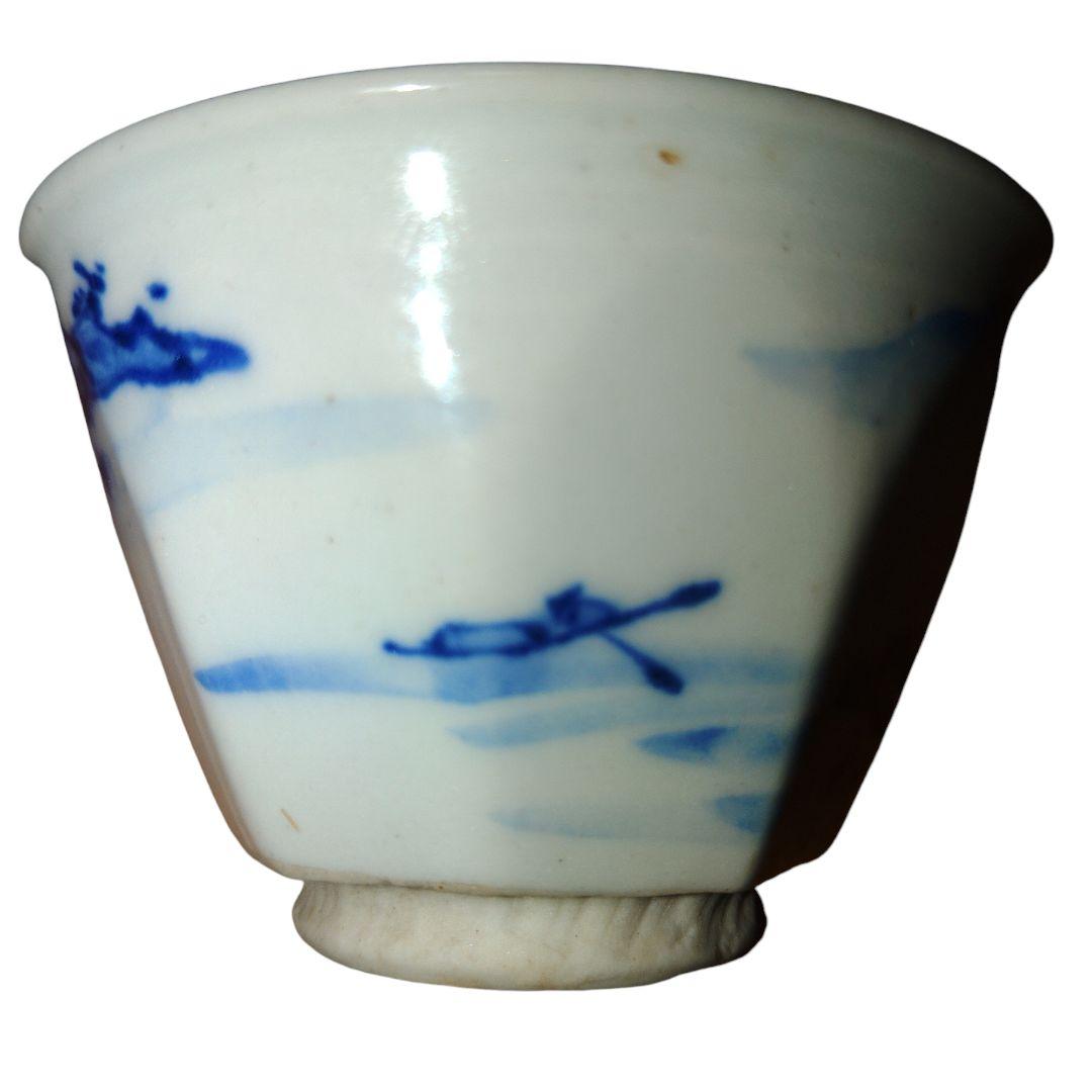 越後豊栄太丘焼　山水染付煎茶茶碗　茶道　明治美術