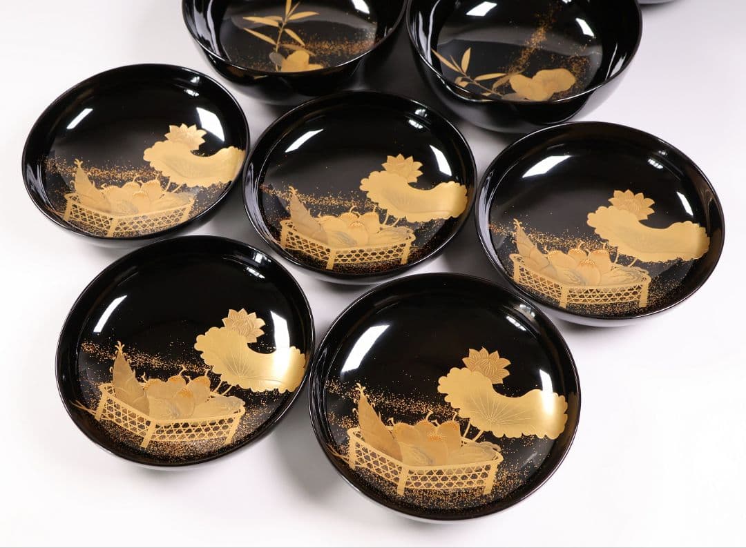 【CM412】天然木漆塗 加賀蒔絵 蓮と野菜金蒔絵 黒煮物椀 五客 漆器 昭和期