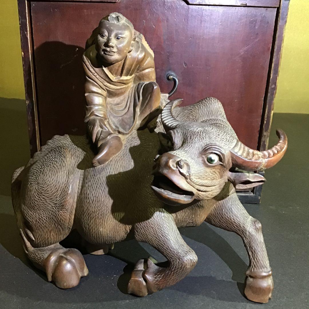 「水牛に乗る童」　極細密木彫刻　水牛玉眼　明治期