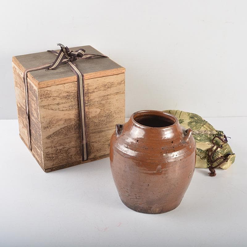 瀬戸焼　美濃焼　古瀬戸　柿釉　双耳花入　小壷　鉄漿壷　時代箱付　V　R5187