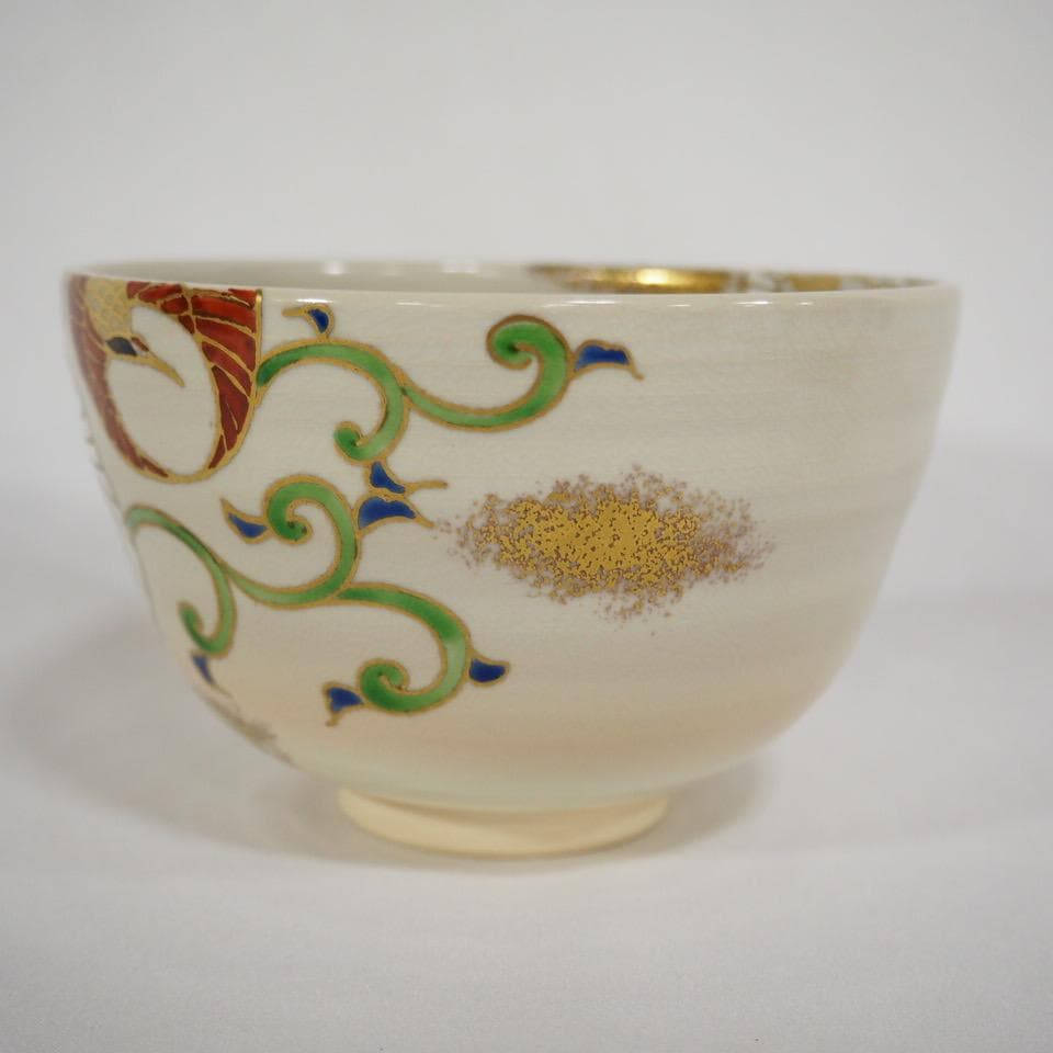 清風窯 中村与平作 鶴丸唐草茶碗 銘「延寿」 御書付 茶道具 共箱