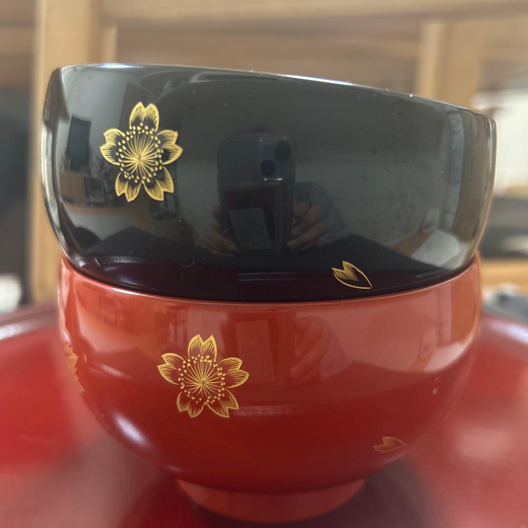 輪島塗　沈金　蒔絵金彩　高級夫婦椀　黒内朱　朱内黒　紅葉　桜