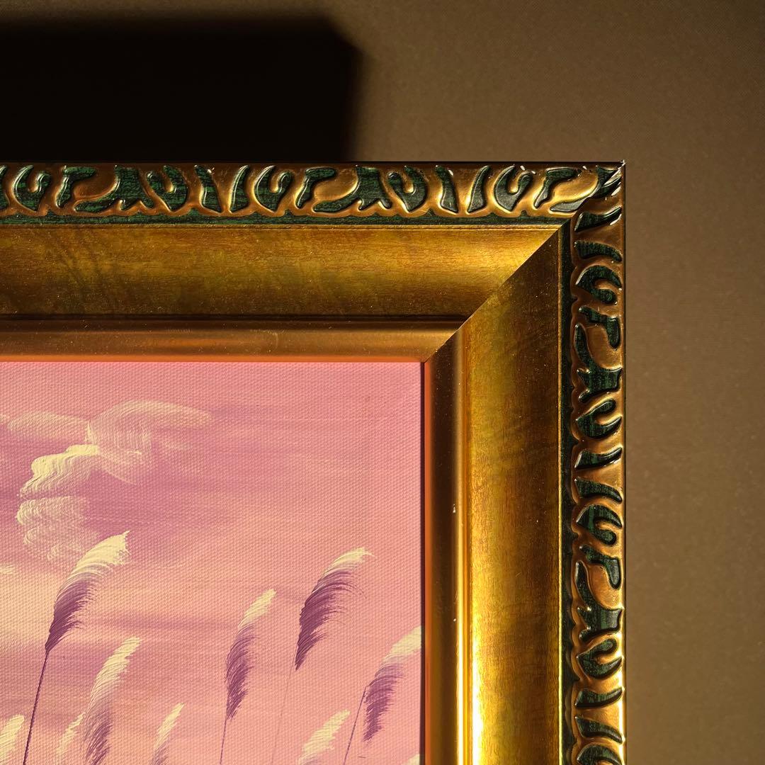 手書き油絵 湖と渡り鳥 額付き 肉筆絵画 インテリア 油彩画