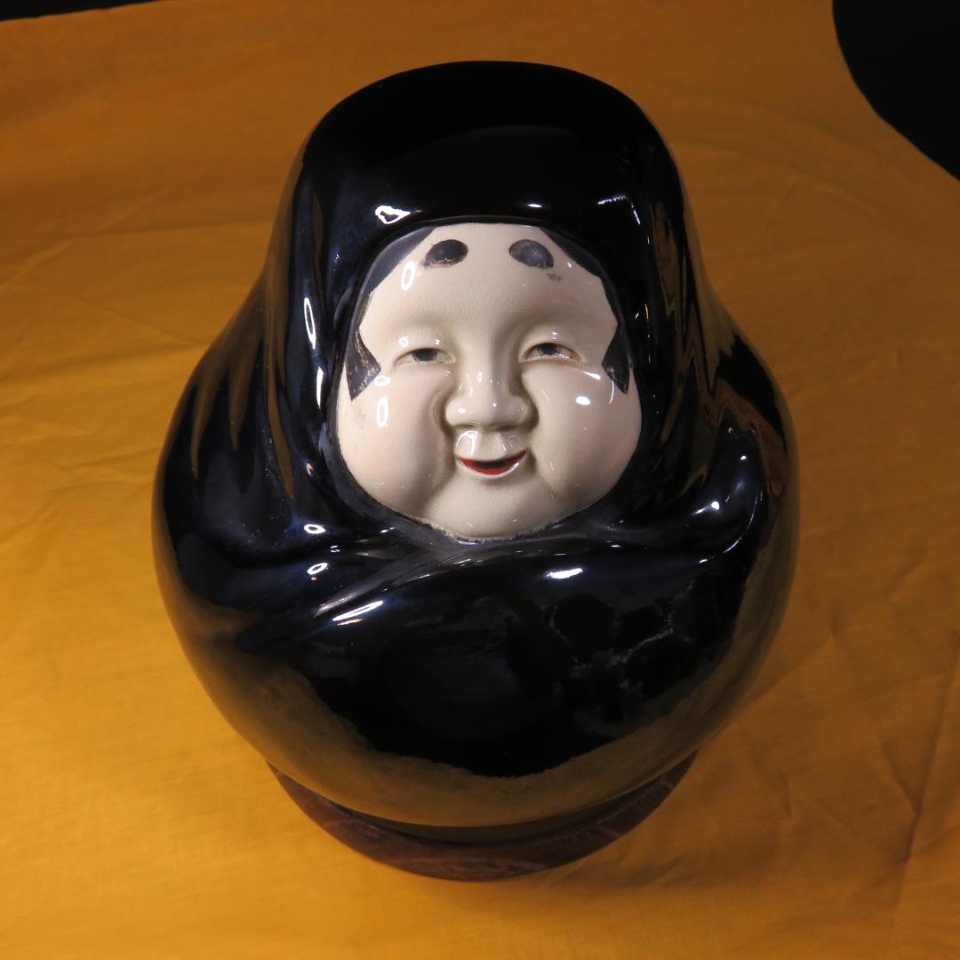 炭斗 陶器 おかめ お福 茶道具 茶器 木製台付き