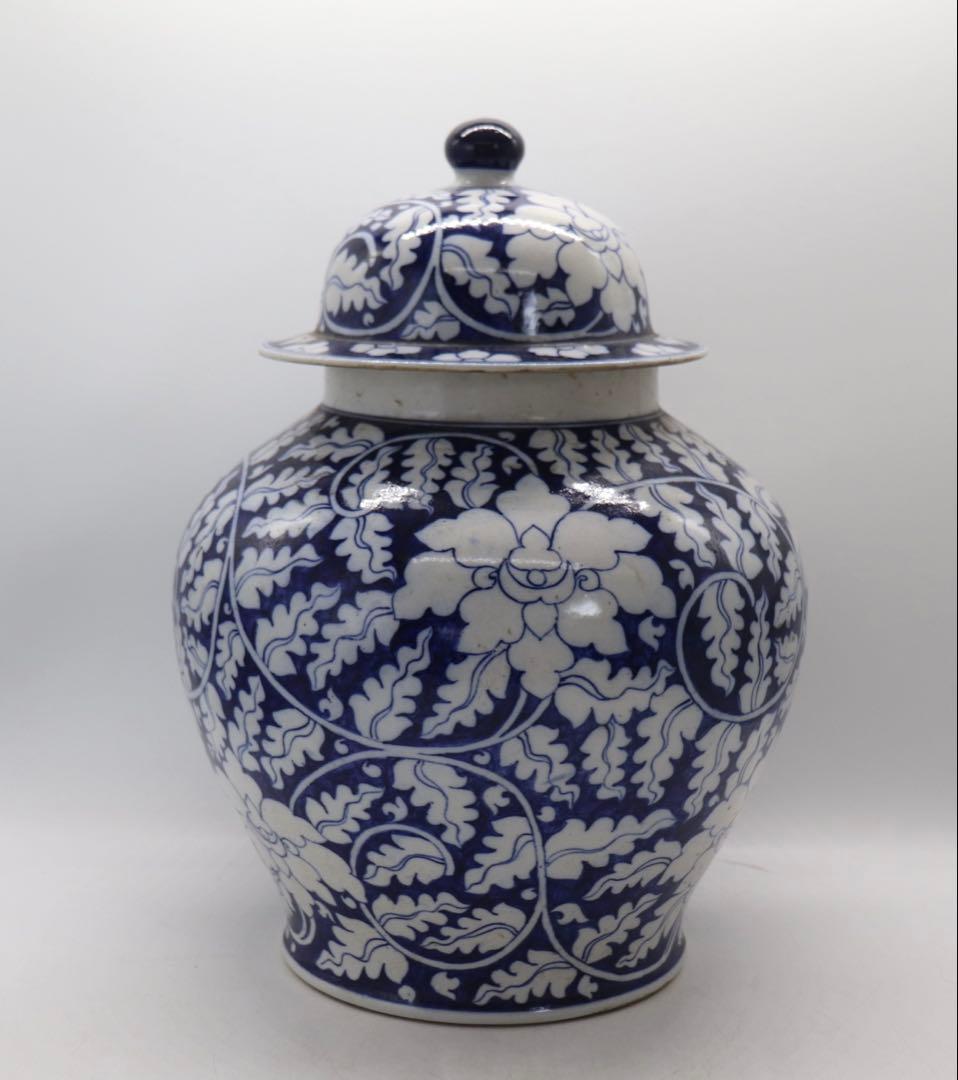 中国　清時代　染付　蓋付大壺　送料込み250221