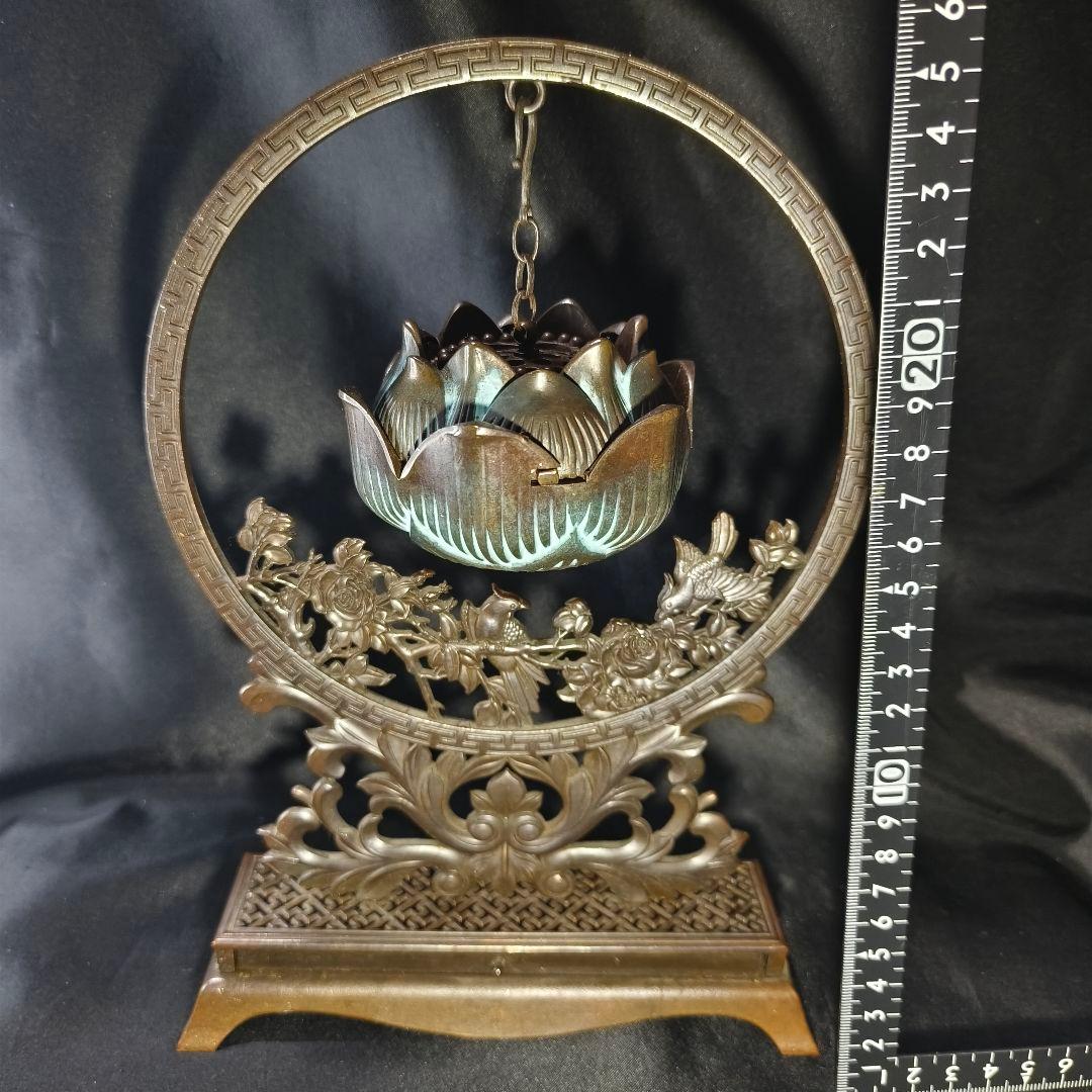 香道具 吊香炉 蓮炉花鳥文 高岡銅器 引出し付 骨董 旧家蔵出し美品 送料無料