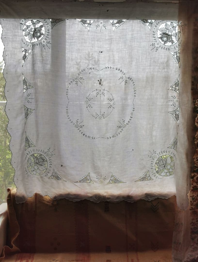 アンティーク カットワーク ニードルポイントローズ 薔薇 花刺繍リネン大判クロス