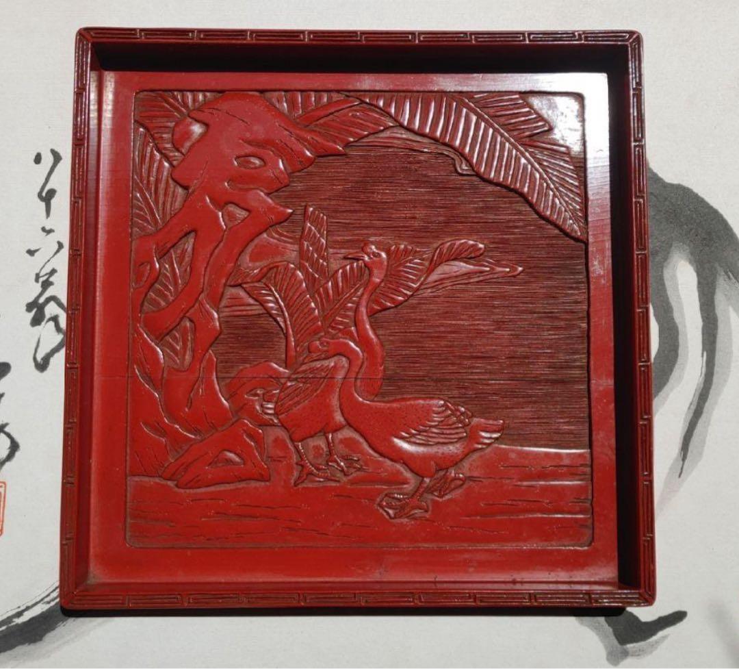 中国美術 古玩 堆朱 飾り四角皿 帰雁紋角皿 漆器 漆芸 彫刻