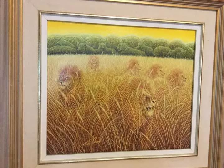 油彩画 飛鳥童 あすか わらべ 草原のライオン「Hunters」原画