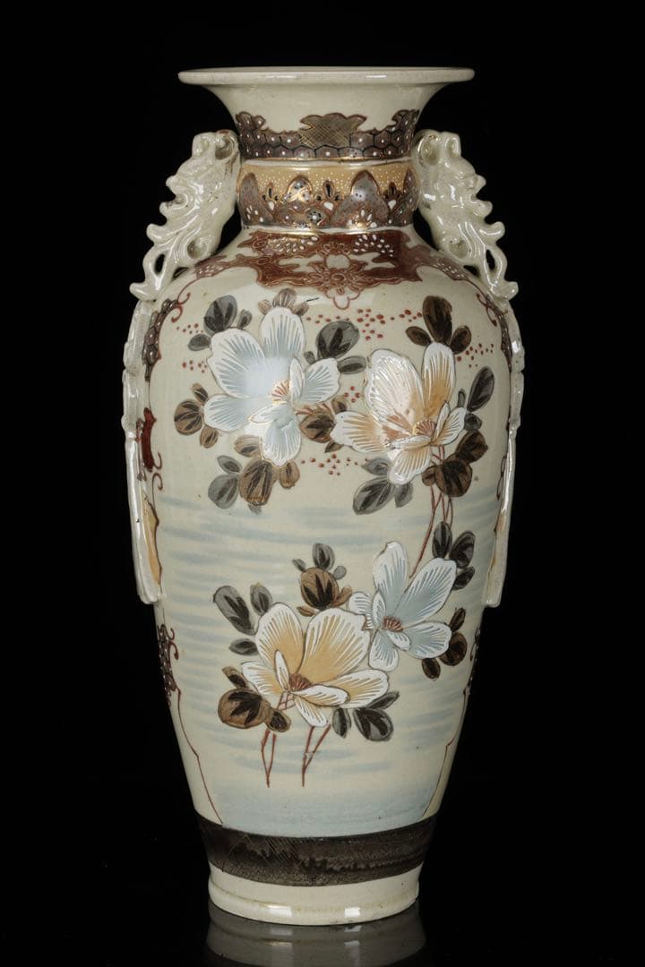 薩摩焼 金襴手色絵耳付武者図花瓶 共箱付 36.5㎝ 花器 飾壺 古美術 骨董品