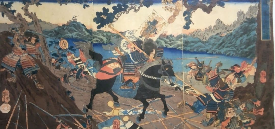 浮世絵、賤ケ峯合戦之圖三枚綴り、一勇斎国芳画(歌川国芳)補修多くジャンク品扱い