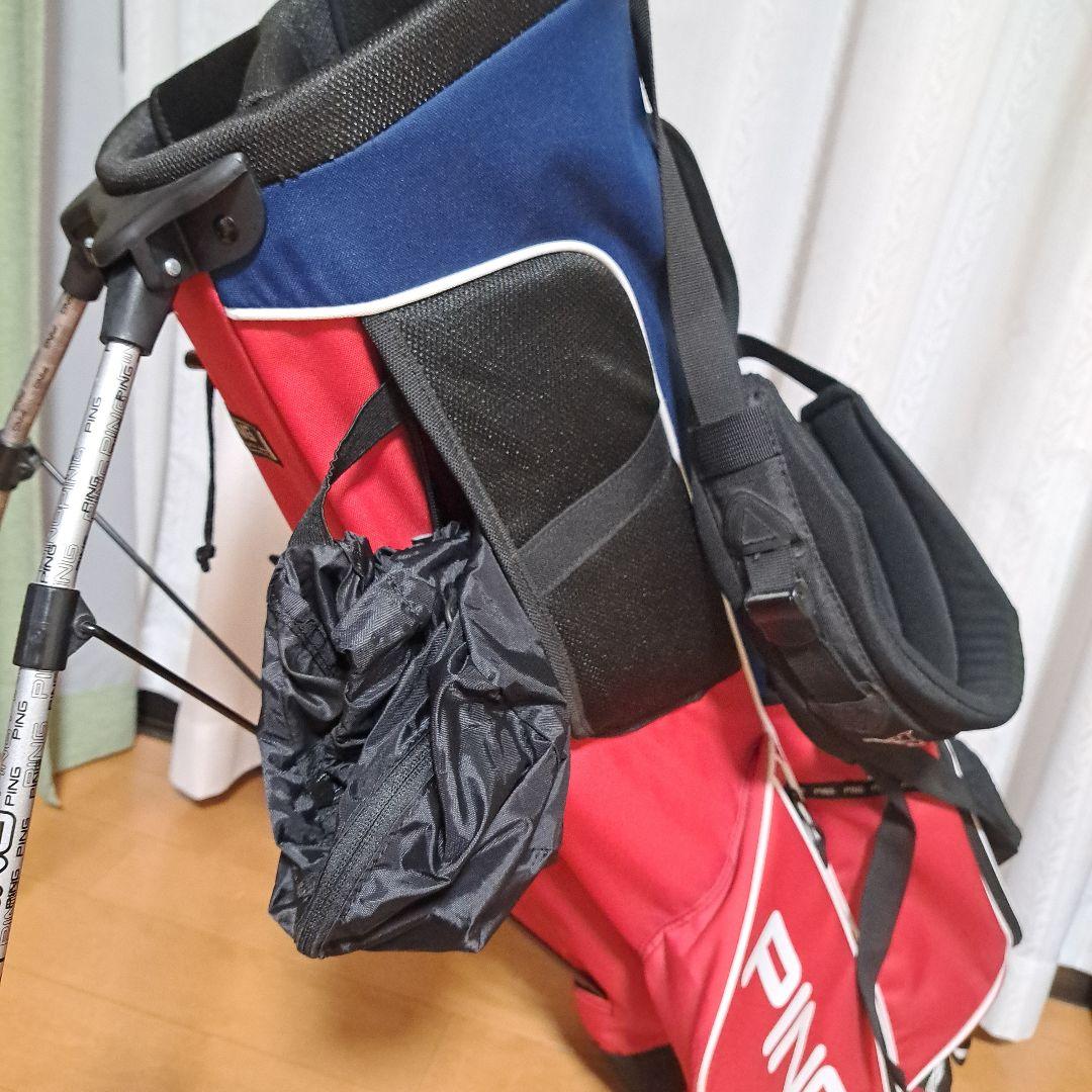 ピンスタンド式キャディバッグ-希少フード内蔵型、美品！レンチはオマケ。