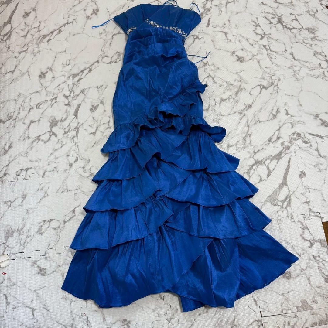 美品 S ロングドレス 青 ビジュー フリル パーティー