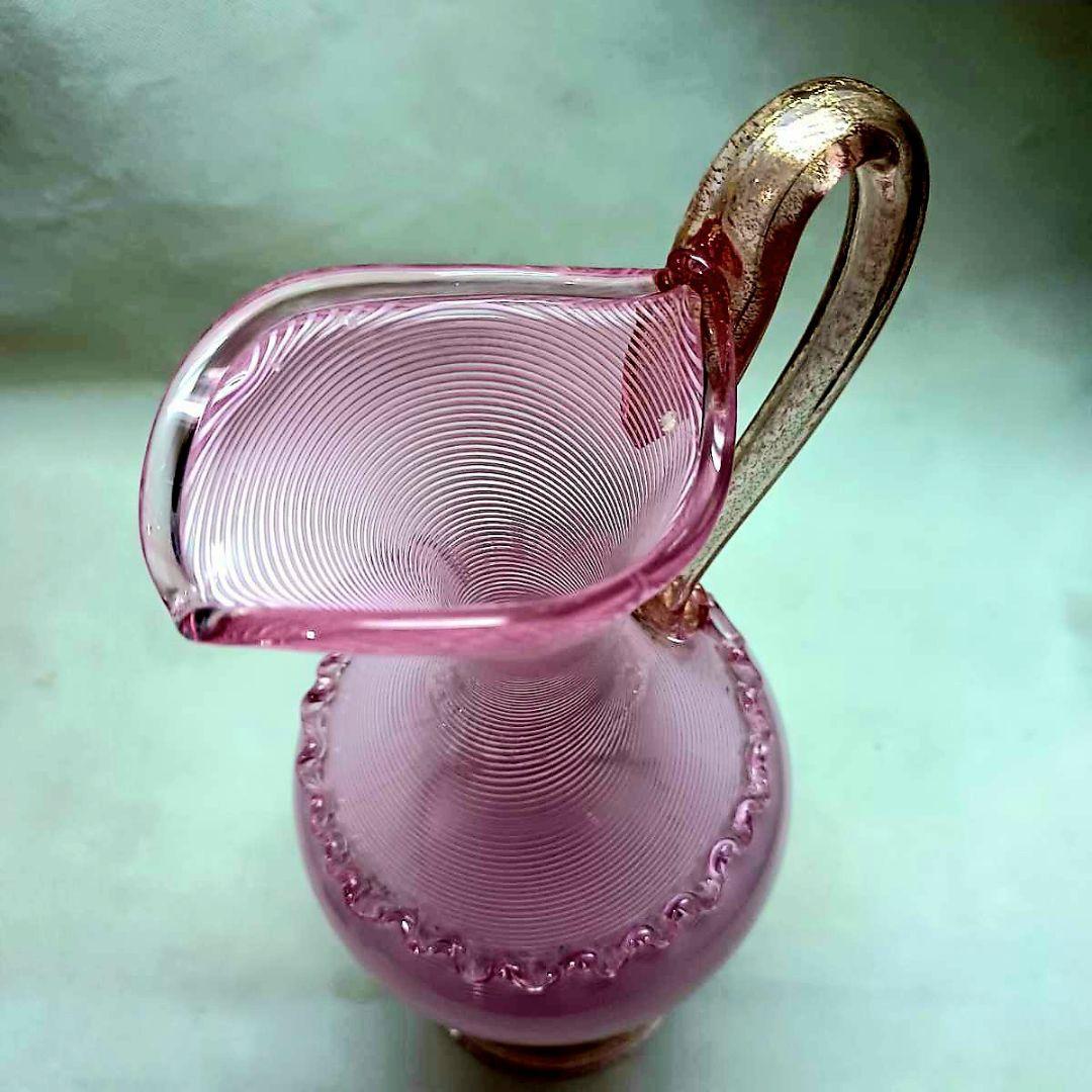Murano 大型 ムラノ 金彩 ピンク ライン 水差し オブジェ