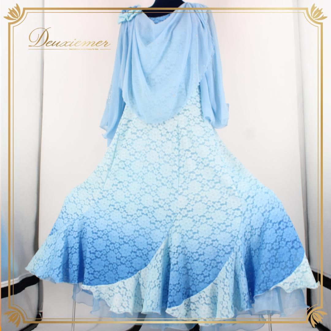 【美品 タグ付き社交ダンス衣装】ワンピース ドレス ACROSS 青 水色 花柄