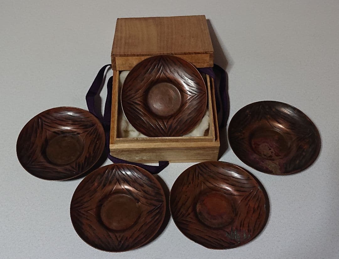 ヴィンテージ 銅製茶托 5枚セット 木箱付き