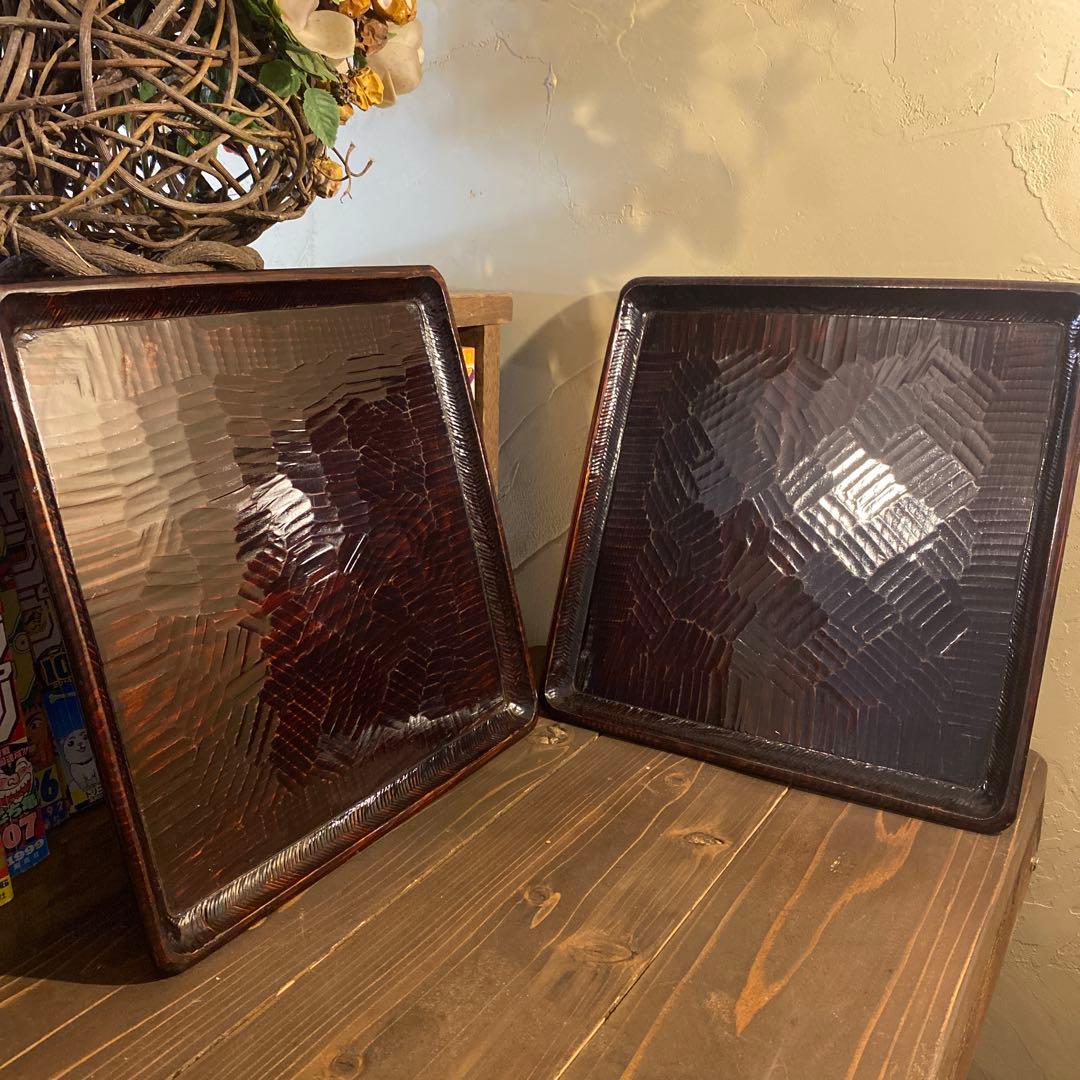 讃岐盆 木製彫刻模様入り正方形 お盆トレー　2つセット