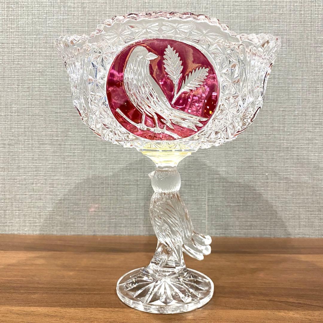 【HOFBAUER】 ホフバウワークリスタルガラス赤い装飾 鳥の彫刻　ドイツ製