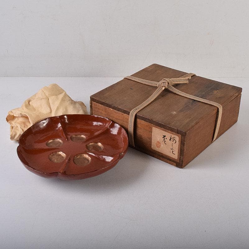 時代根来　朱塗　梅の花盆　書付時代箱　V　R8648