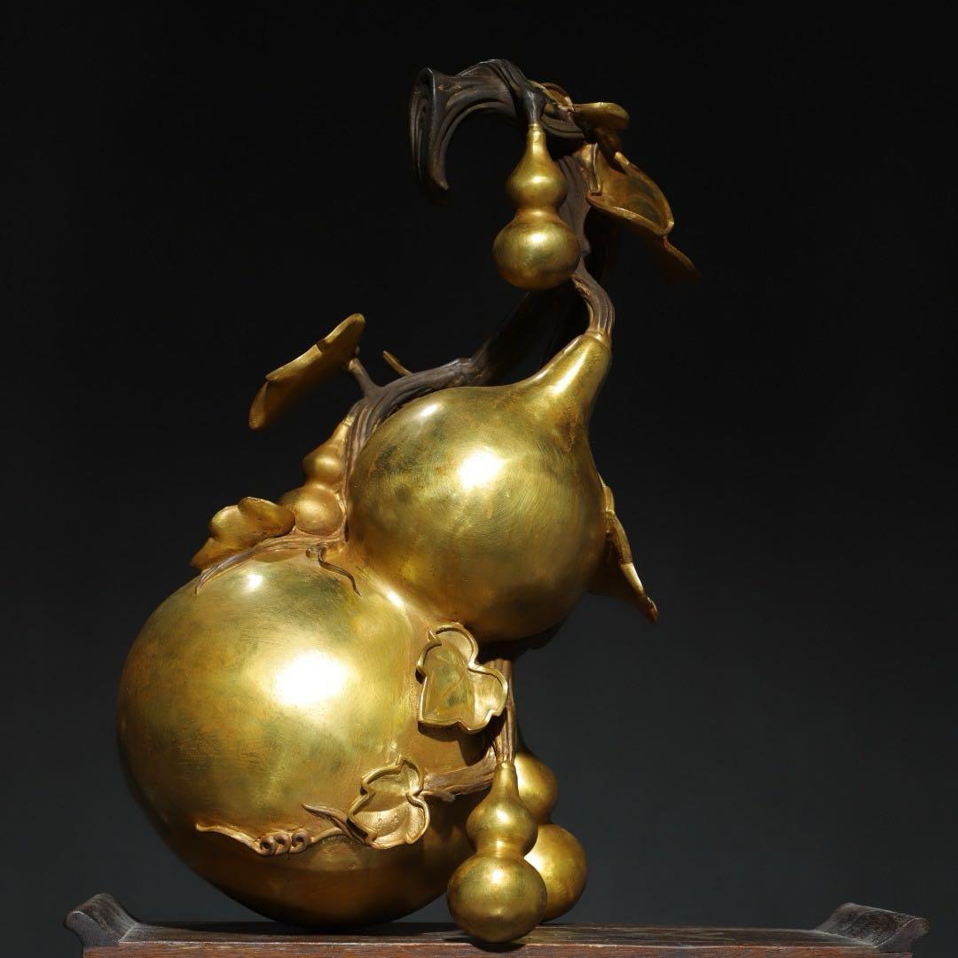 旧蔵　巨大純銅製金メッキ　葫蘆　ふくろう細工彫刻　置物　供奉 供養 インテリア