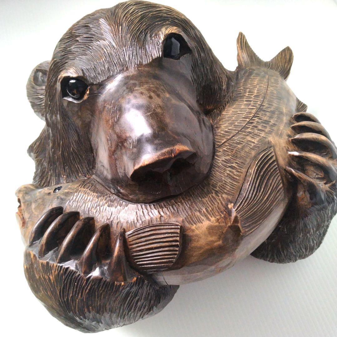 木彫り 熊 クマ 木彫り熊 彫刻熊 一刀彫 壁掛け 頭部 頭 鮭食い熊 北海道