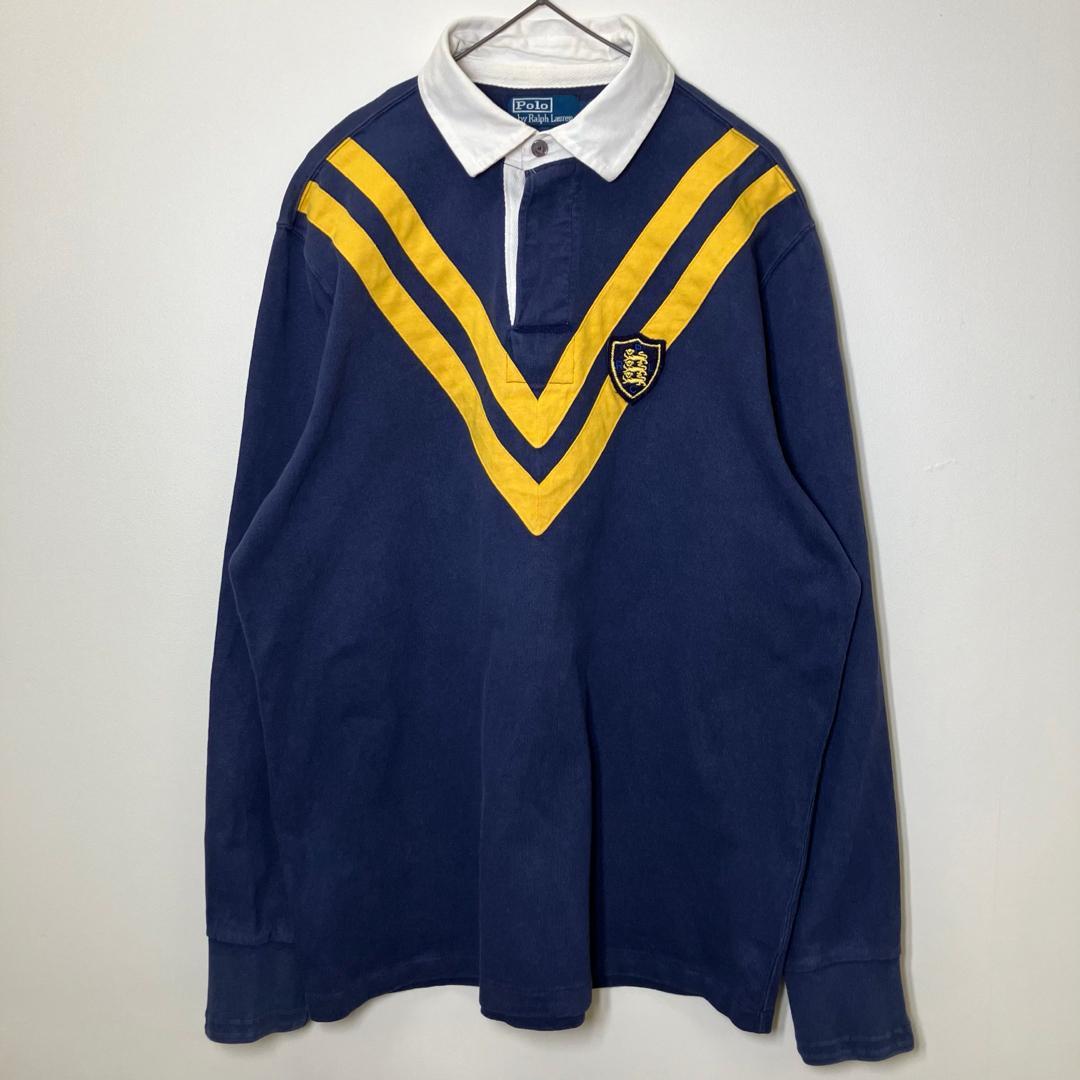 【美品】古着　ラルフローレン　ラガーシャツ　クレストワッペン　ネイビー　L