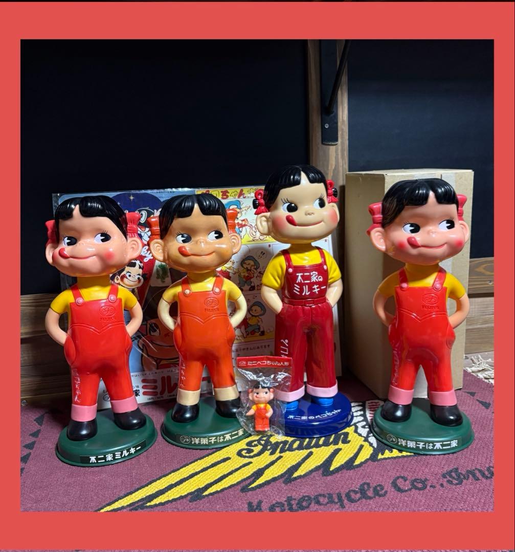 ★非売品★不二家★ペコちゃん★人形★5体★首ふり★赤ヘッダー★企業広告1枚★
