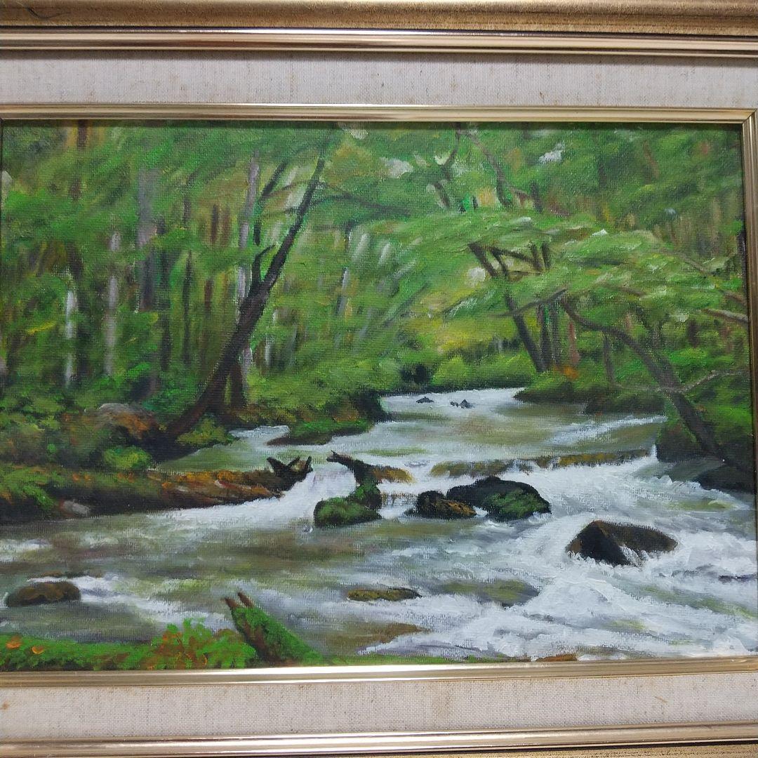 油彩画 川の風景 金色フレーム付き