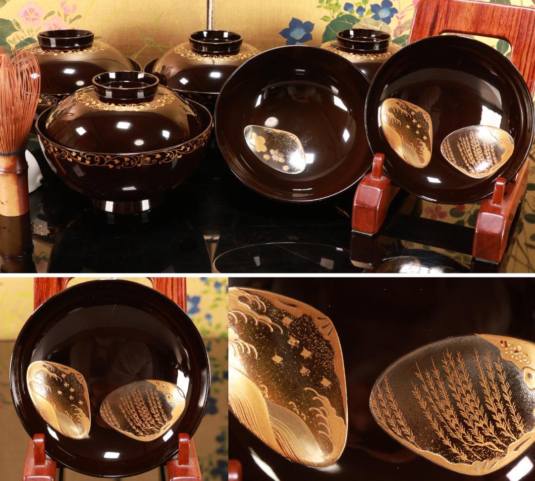 macaron BJ093 時代輪島塗　貝尽くし蒔絵　吸物椀　五客　木製