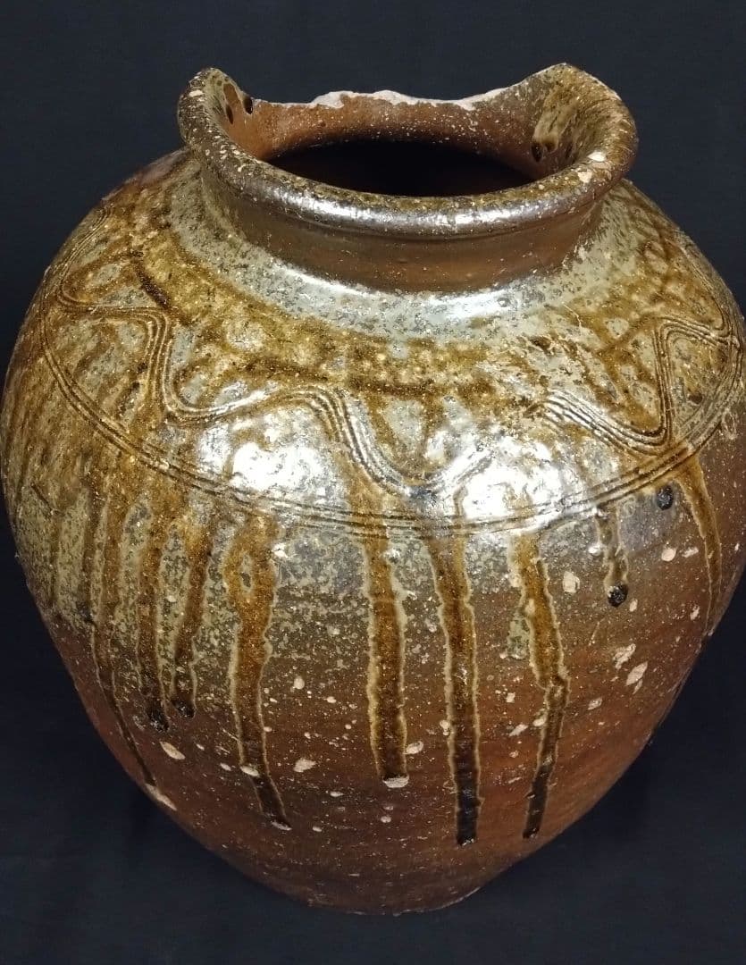 出来最高 備前 古備前 櫛目直線波状文 桂又三郎鑑定書 玉垂れ壷 窯変 室町初期