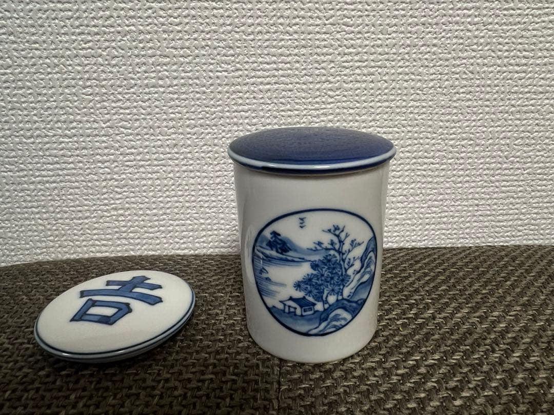 大清嘉慶年製款　看花亭　中屋宗舜　染付山水文茶入　蓋2種V　5882