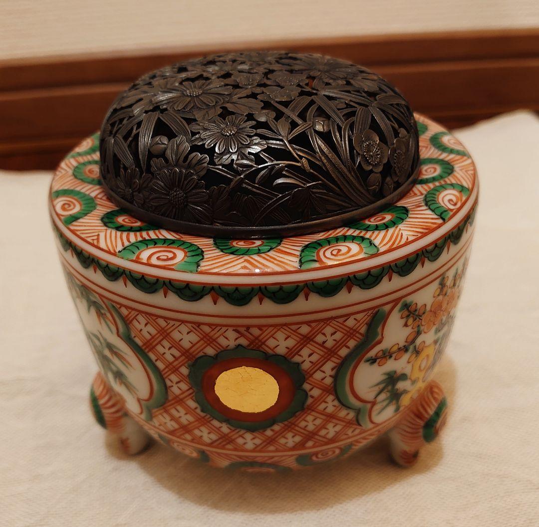 四代三浦竹泉 赤絵 香炉 純銀火屋 松興堂 金彩 四君子 アンティーク
