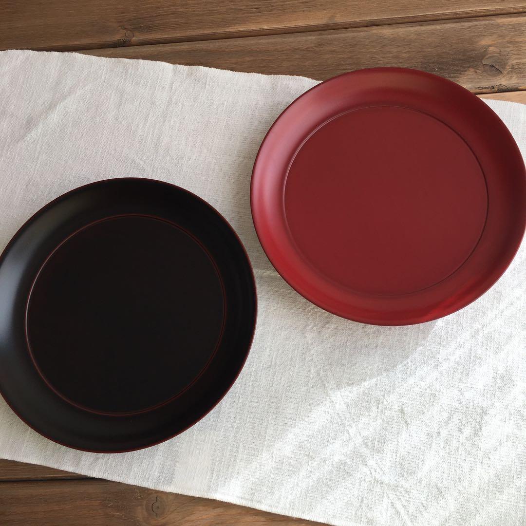 安比塗漆器工房8寸菓子皿トチ 溜 本朱 2個セット未使用品