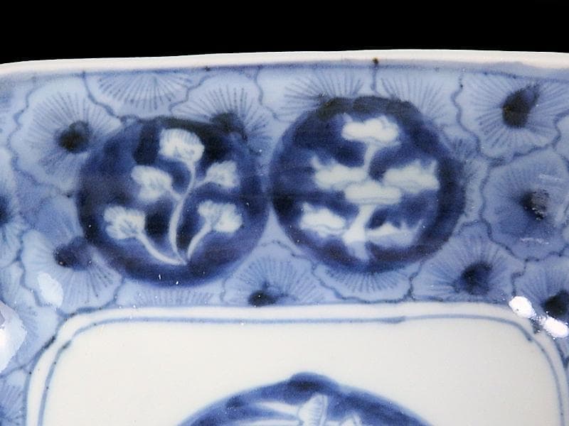 古伊万里　染付　撫子繋ぎ　丸紋に松と鶴の図 四方皿　５客　A055AS-CXs