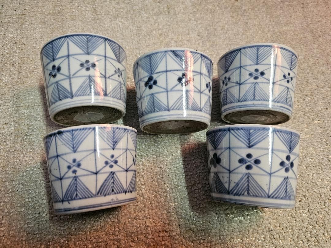 江戸後期 古伊万里 文化14年春求む 染付蕎麦猪口 幾何学模様 5客セット