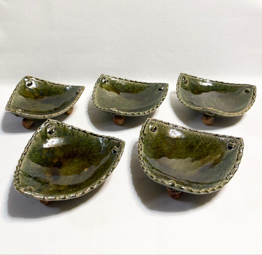 織部釉 三角 向付 五客 盛皿 刺身皿 三足 高台付 脚付 作家物 懐石料理