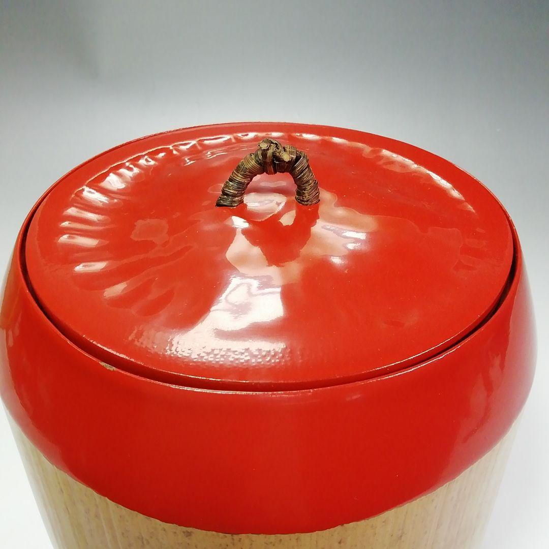 Ｓ４１０　水指　『太鼓胴　朱竹水指』『塗師　助田宗明作』　共箱　茶道具