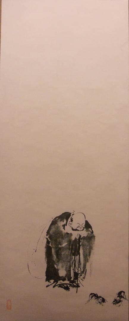 掛け軸 宮本武蔵 『 布袋観闘鶏図 』 絹本 名品 複製 希少 軸装 掛軸 美品