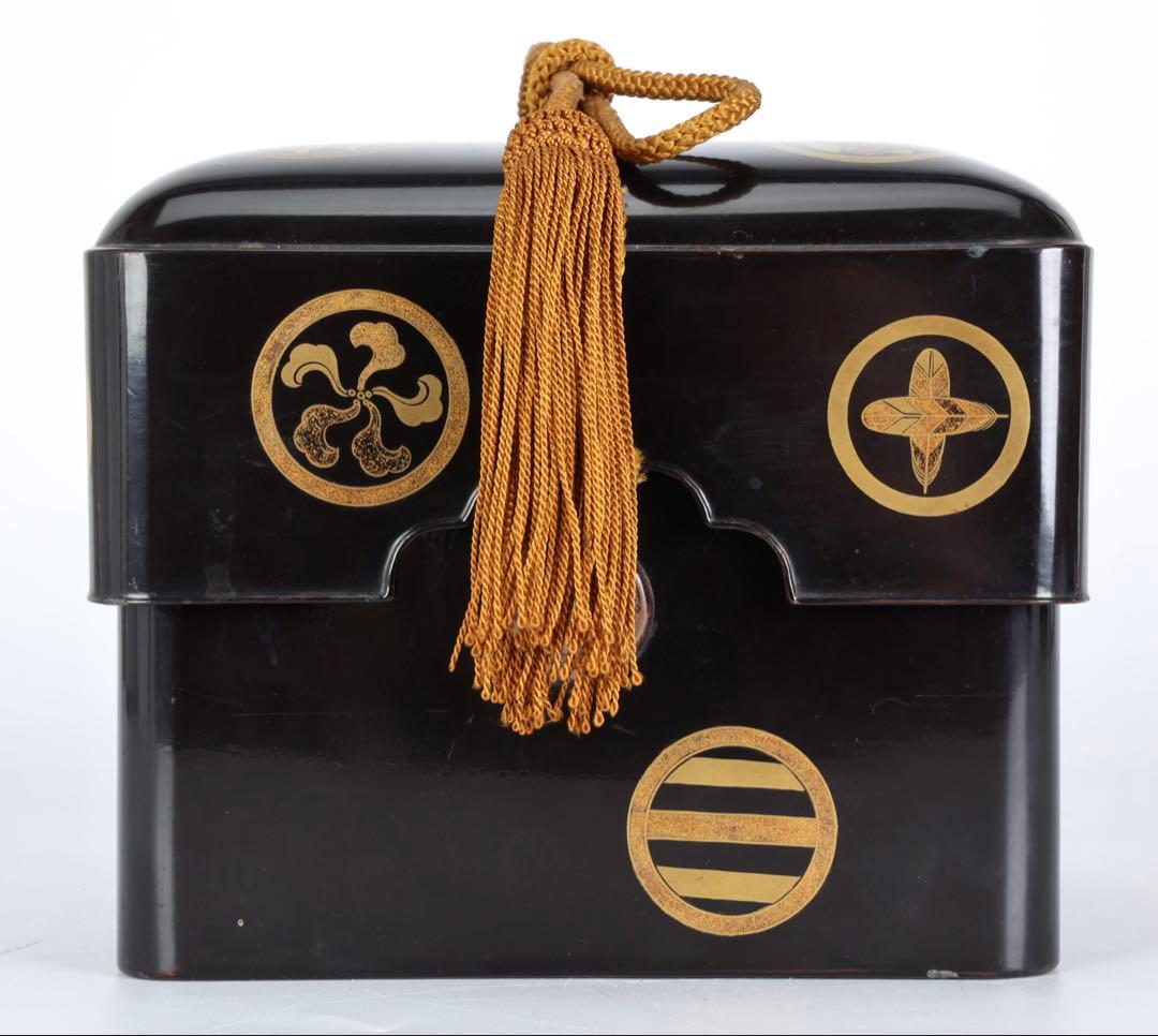 時代物 漆塗 黒漆 家紋尽 蒔絵 手箱 玉手箱 硯箱 共箱付 古美術品 骨董品