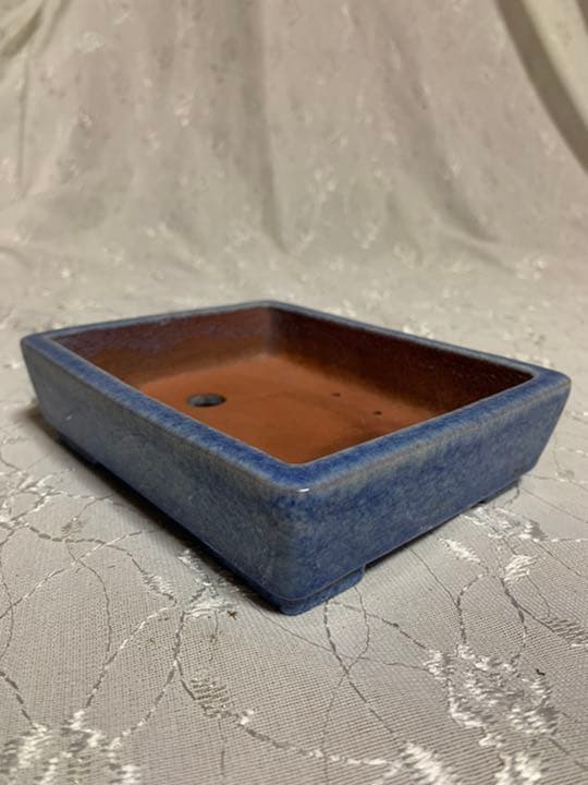 落款有り　長方　青　盆栽鉢