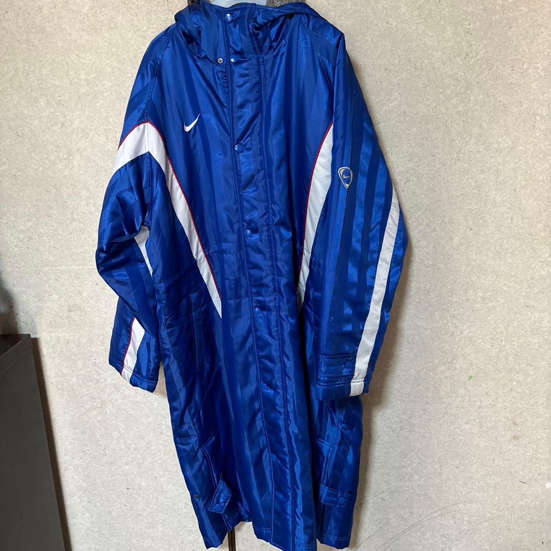 青いナイロンベンチコート フード付きLサイズ