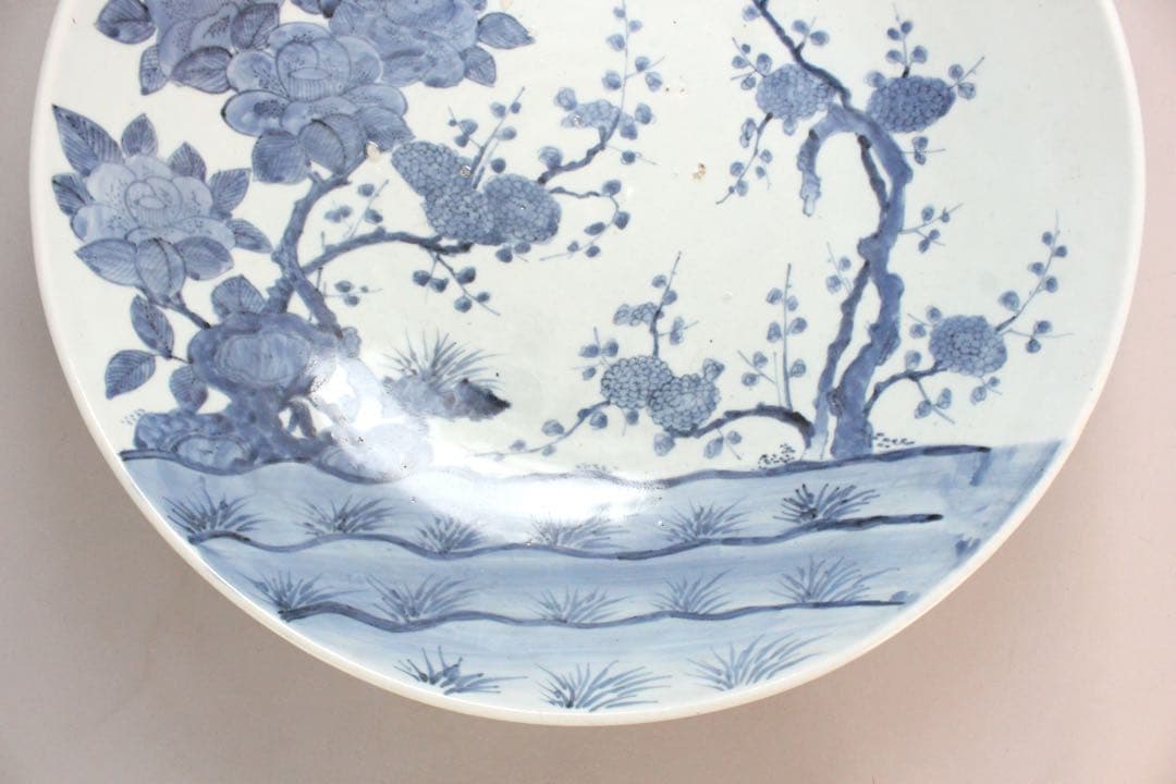 No5146 古伊万里　大明成化年製　染付花鳥文大皿　直径47cm 送料無料